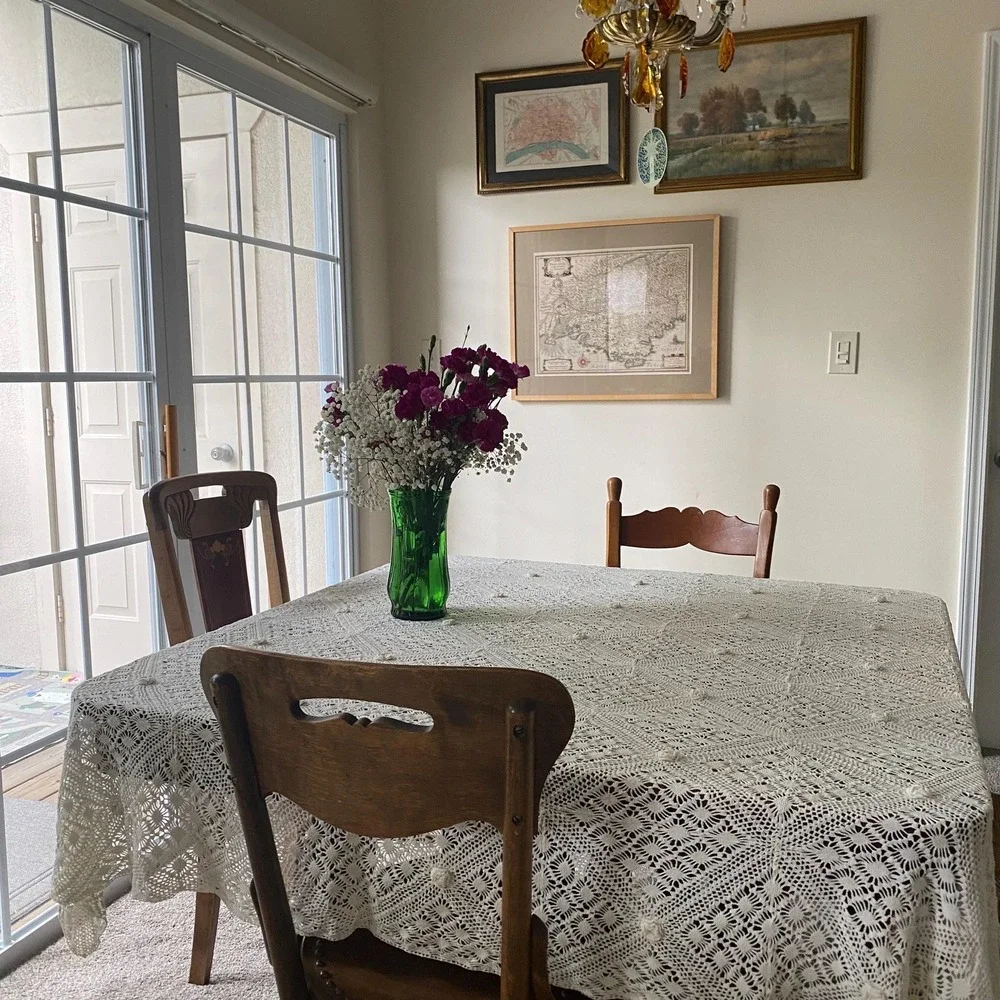Vintage Handmade Crochet Tablecloth White Floral 3D Camelia Cottage Provence